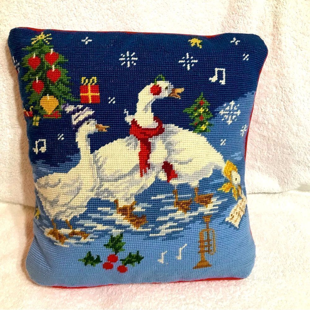 Steinway Vtg Christmas Needlepoint Geese Throw Pillow